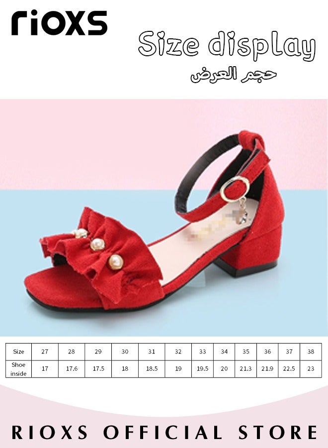 Little Kids Girls Fashion Non-Slip Soft Sole Floral Sandals Princess Adjustable Shoes Lightweight Breathable Ankle Strap Sandals, Red Suede Princess Sandals with Pearl Accents, Floral Ruffle Ankle Strap Dress Shoes, Petite Girl's Ankle Strap Shoes, Playground Safe Non-Slip Footwear