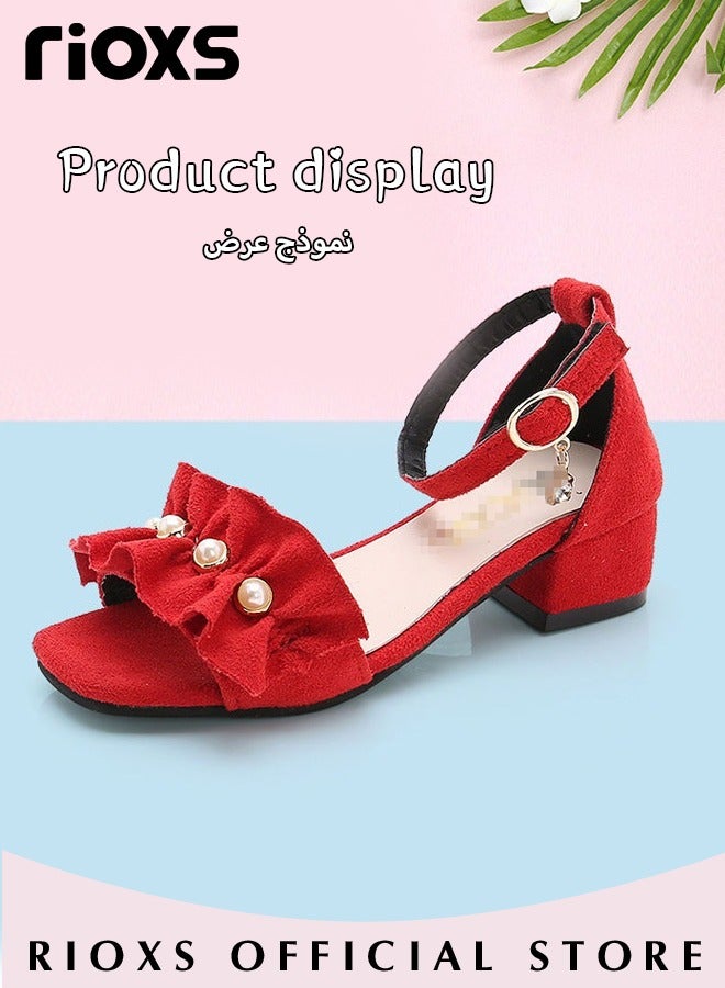 Little Kids Girls Fashion Non-Slip Soft Sole Floral Sandals Princess Adjustable Shoes Lightweight Breathable Ankle Strap Sandals, Red Suede Princess Sandals with Pearl Accents, Floral Ruffle Ankle Strap Dress Shoes, Petite Girl's Ankle Strap Shoes, Playground Safe Non-Slip Footwear