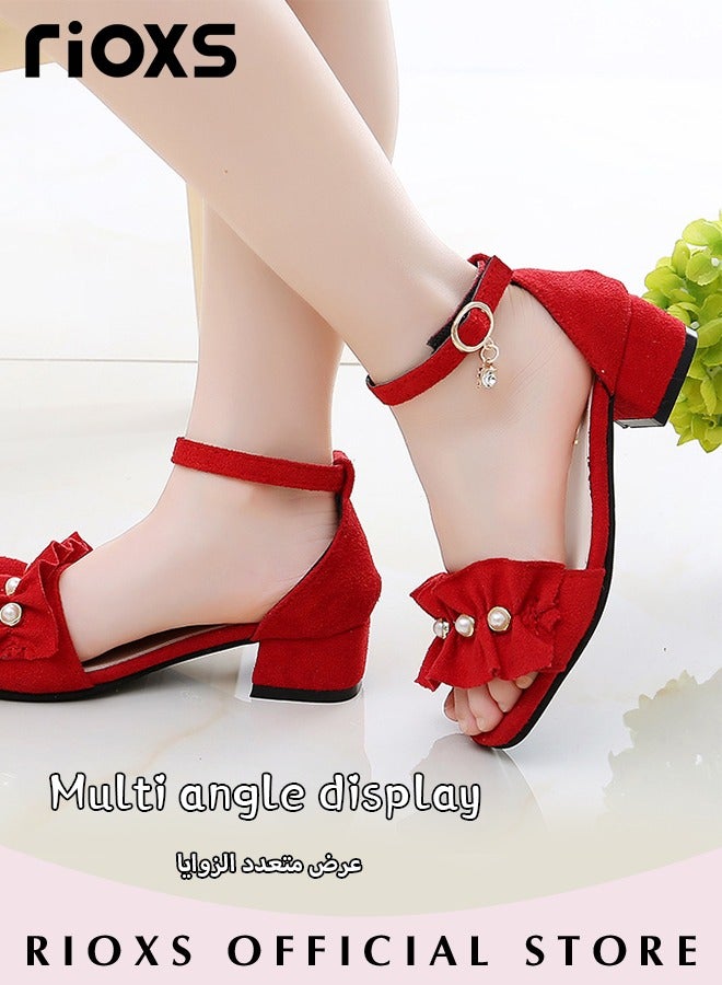 Little Kids Girls Fashion Non-Slip Soft Sole Floral Sandals Princess Adjustable Shoes Lightweight Breathable Ankle Strap Sandals, Red Suede Princess Sandals with Pearl Accents, Floral Ruffle Ankle Strap Dress Shoes, Petite Girl's Ankle Strap Shoes, Playground Safe Non-Slip Footwear