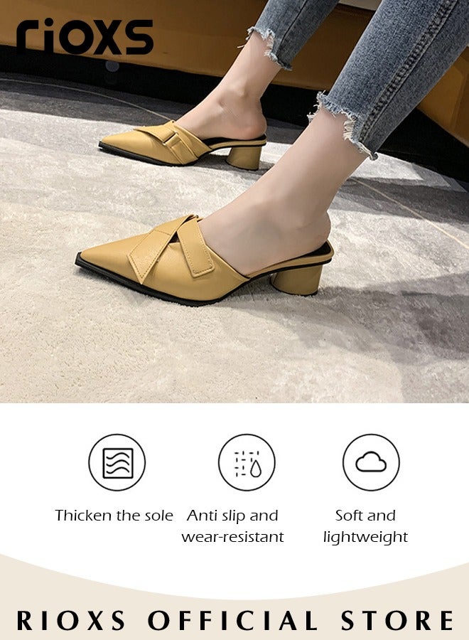 Women's Mules Closed Pointed Toe Strapless Backless Sandals Fashion Chunky Heel Sandals For Work And Party