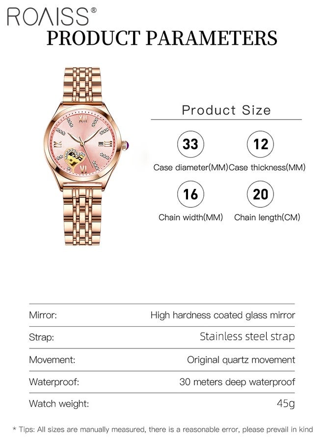 Women's Steel Strap Quartz Watch Analog Display Round Dial with Rhinestones Decoration and Hollow Heart Pattern Waterproof Luminous Wristwatch as Gift for Ladies