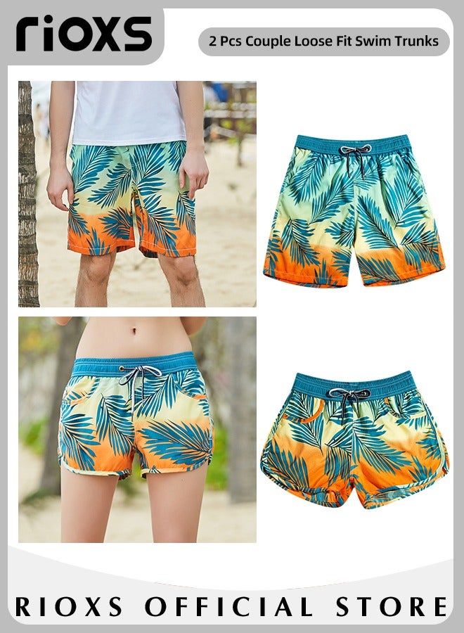 2 Pcs Adult Lovers Loose Swim Trunks, Mens Swim Trunks+ Women Beach Shorts, Quick-Drying Beach Swimwear, Breathable Bathing Suit With Pockets, Print Drawstring  Swimwear Board Shorts