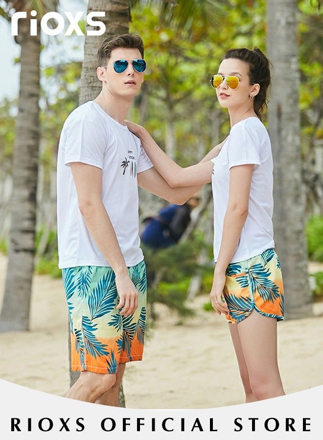 2 Pcs Adult Lovers Loose Swim Trunks, Mens Swim Trunks+ Women Beach Shorts, Quick-Drying Beach Swimwear, Breathable Bathing Suit With Pockets, Print Drawstring  Swimwear Board Shorts