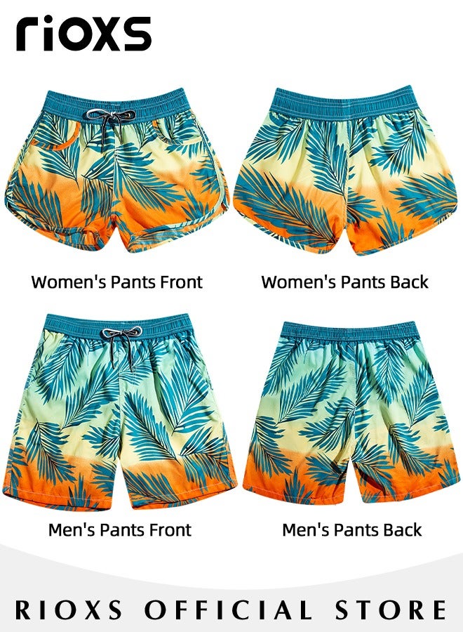 2 Pcs Adult Lovers Loose Swim Trunks, Mens Swim Trunks+ Women Beach Shorts, Quick-Drying Beach Swimwear, Breathable Bathing Suit With Pockets, Print Drawstring  Swimwear Board Shorts
