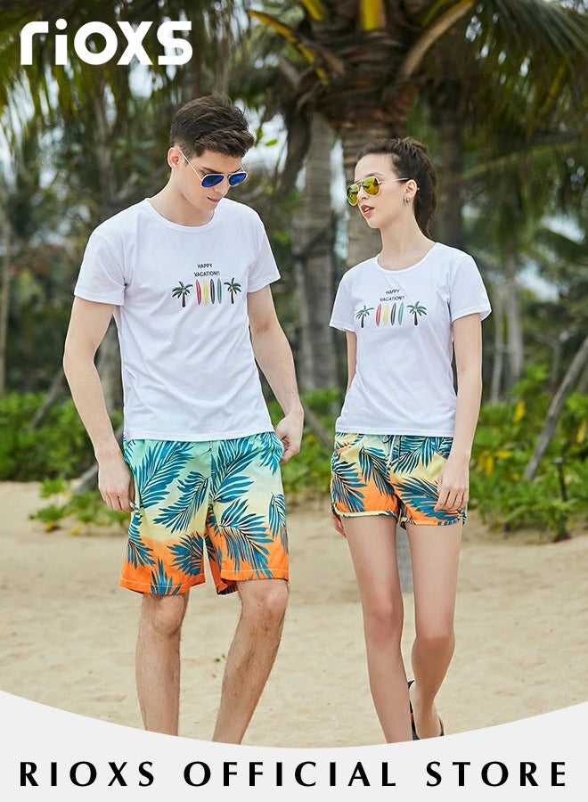 2 Pcs Adult Lovers Loose Swim Trunks, Mens Swim Trunks+ Women Beach Shorts, Quick-Drying Beach Swimwear, Breathable Bathing Suit With Pockets, Print Drawstring  Swimwear Board Shorts