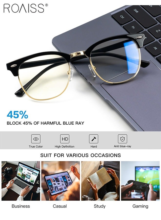 Retro Semi Rimless Blue Light Blocking Glasses Blue Light Filter Computer Reading Gaming TV Phones Square Eyeglasses Fashion Anti Eyestrain Headache Eyewear for Men Women Black Gold 50mm