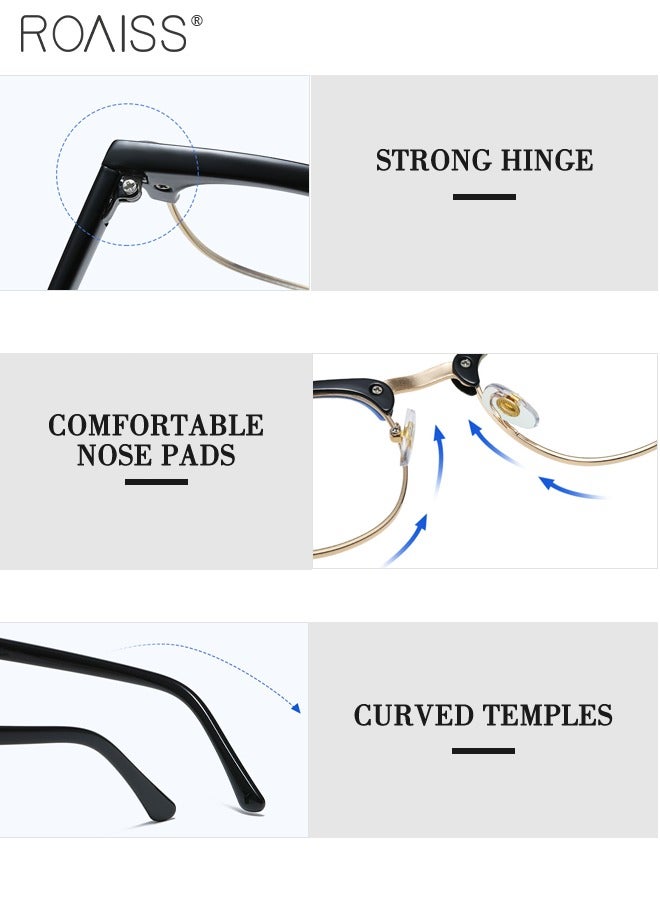 Retro Semi Rimless Blue Light Blocking Glasses Blue Light Filter Computer Reading Gaming TV Phones Square Eyeglasses Fashion Anti Eyestrain Headache Eyewear for Men Women Black Gold 50mm