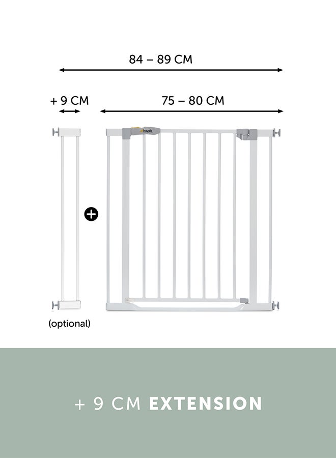 Safety Gate For Doors And Stairs Clear Step/Pressure Fit / 75-80 Cm Large/Thin Step Over Bar/ No drilling needed / Extendable With Separate Extensions/Metal/White