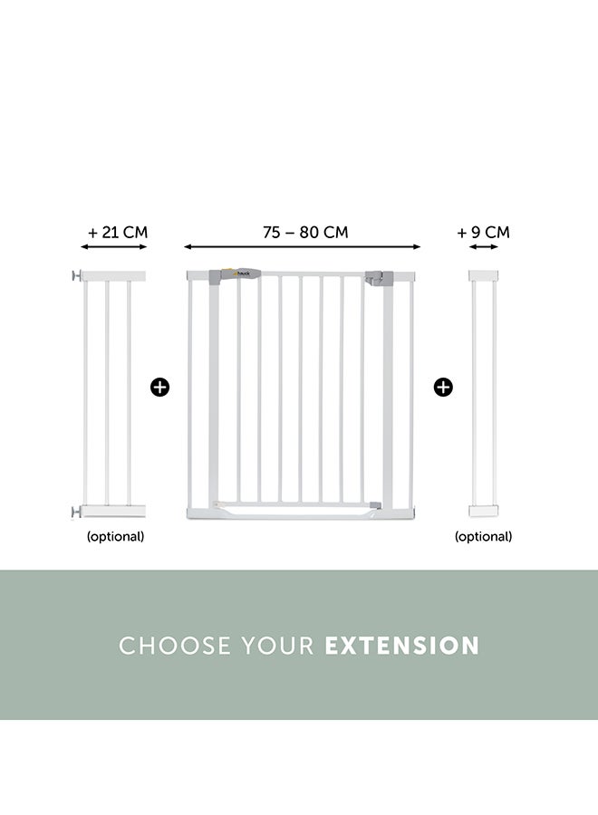 Safety Gate For Doors And Stairs Clear Step/Pressure Fit / 75-80 Cm Large/Thin Step Over Bar/ No drilling needed / Extendable With Separate Extensions/Metal/White