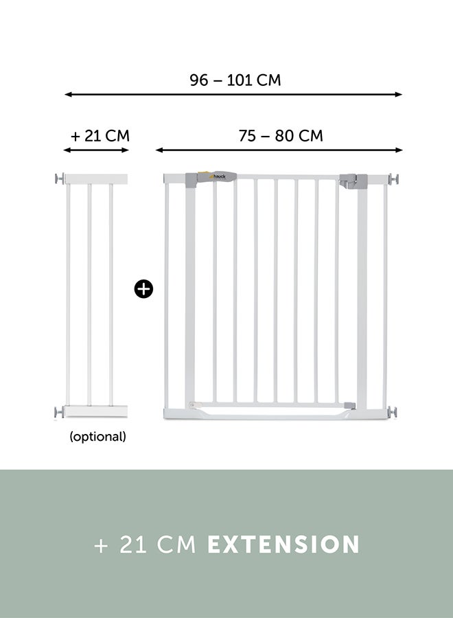 Safety Gate For Doors And Stairs Clear Step/Pressure Fit / 75-80 Cm Large/Thin Step Over Bar/ No drilling needed / Extendable With Separate Extensions/Metal/White