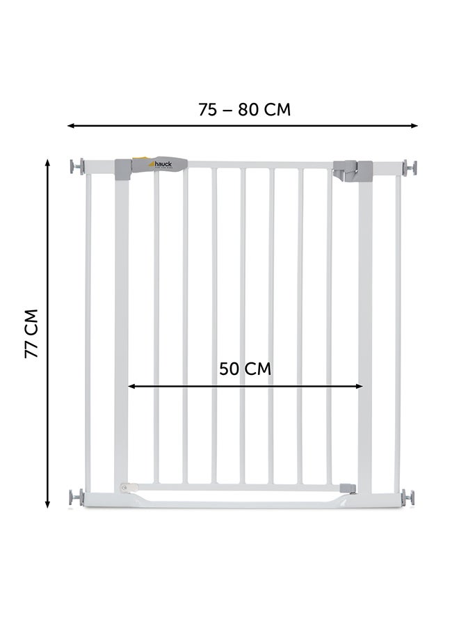 Safety Gate For Doors And Stairs Clear Step/Pressure Fit / 75-80 Cm Large/Thin Step Over Bar/ No drilling needed / Extendable With Separate Extensions/Metal/White