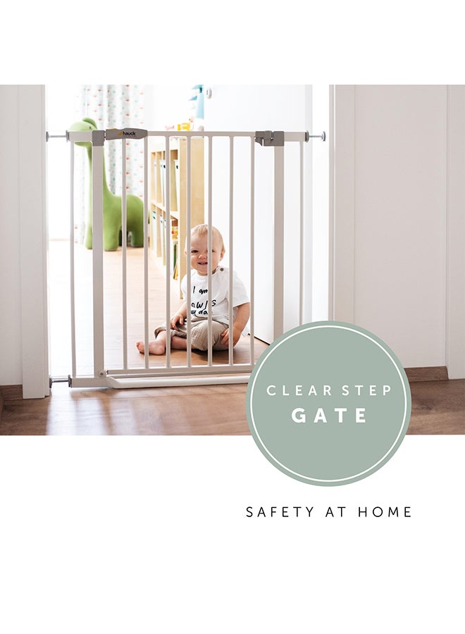 Safety Gate For Doors And Stairs Clear Step/Pressure Fit / 75-80 Cm Large/Thin Step Over Bar/ No drilling needed / Extendable With Separate Extensions/Metal/White