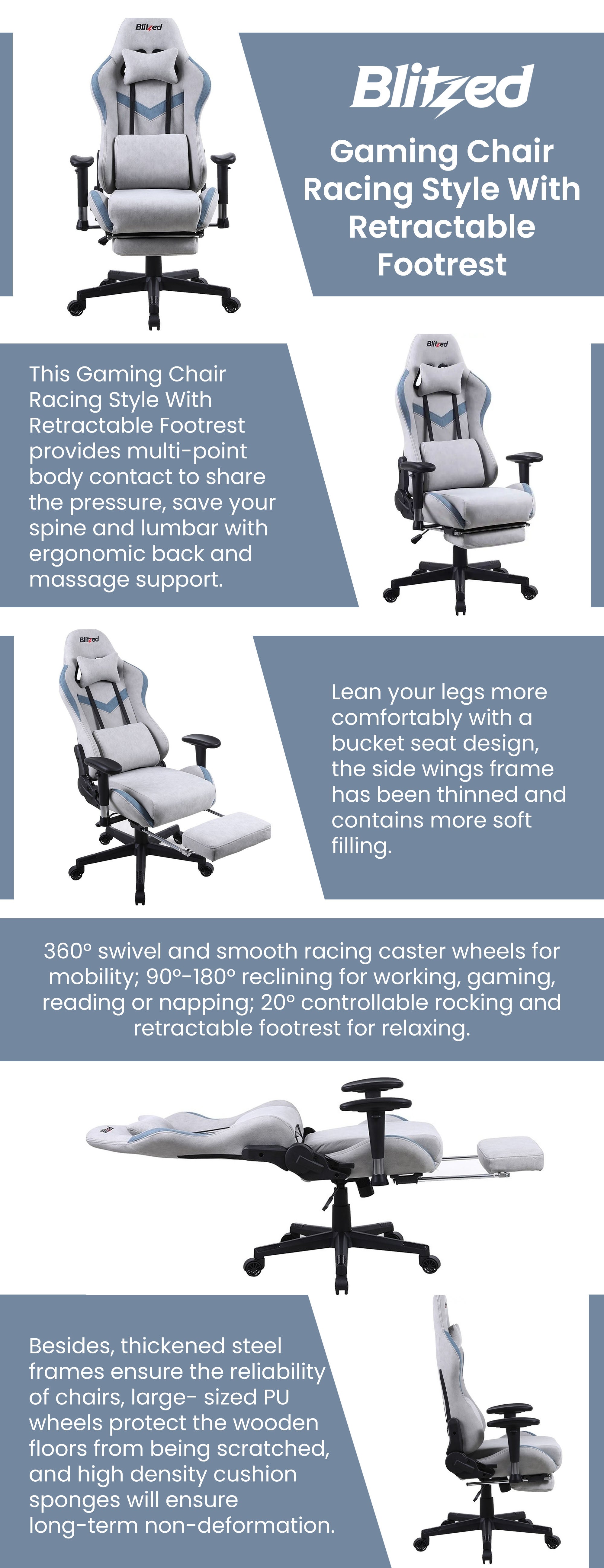 Ergonomically Designed Super Comfort Gaming Chair With Headrest Pillow, Lumbar Cushion And Retractable Footrest Grey 52 x 54 x 134cm