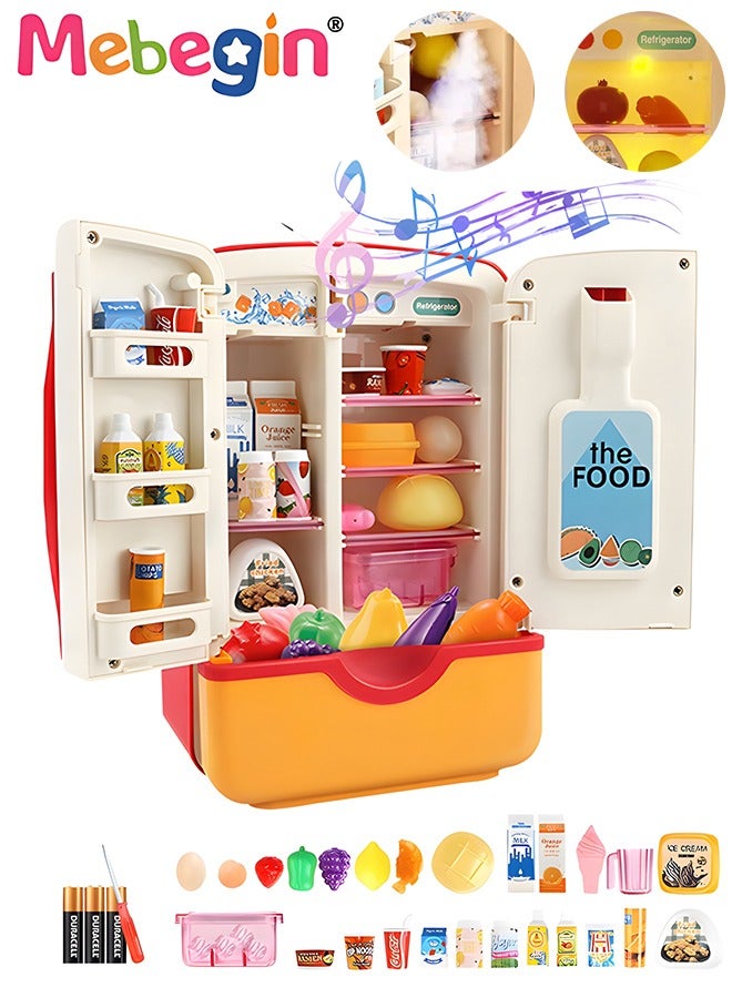 Kitchen Toys Fridge Refrigerator with Ice Dispenser Pretend Play Appliance for Kids, Play Kitchen Set with Kitchen Playset Accessories for Boys Girls Music and Light