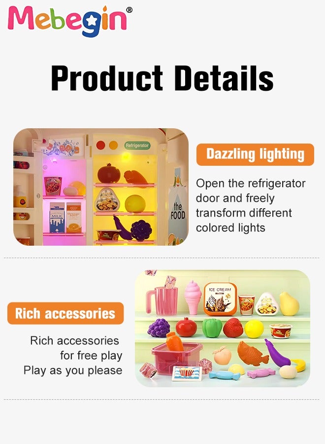 Kitchen Toys Fridge Refrigerator with Ice Dispenser Pretend Play Appliance for Kids, Play Kitchen Set with Kitchen Playset Accessories for Boys Girls Music and Light