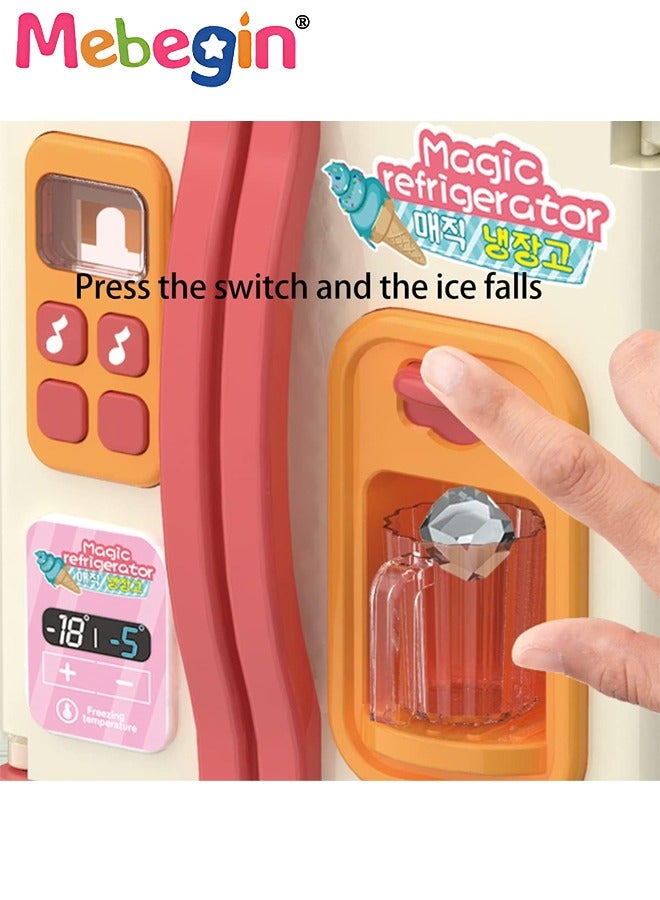 Kitchen Toys Fridge Refrigerator with Ice Dispenser Pretend Play Appliance for Kids, Play Kitchen Set with Kitchen Playset Accessories for Boys Girls Music and Light