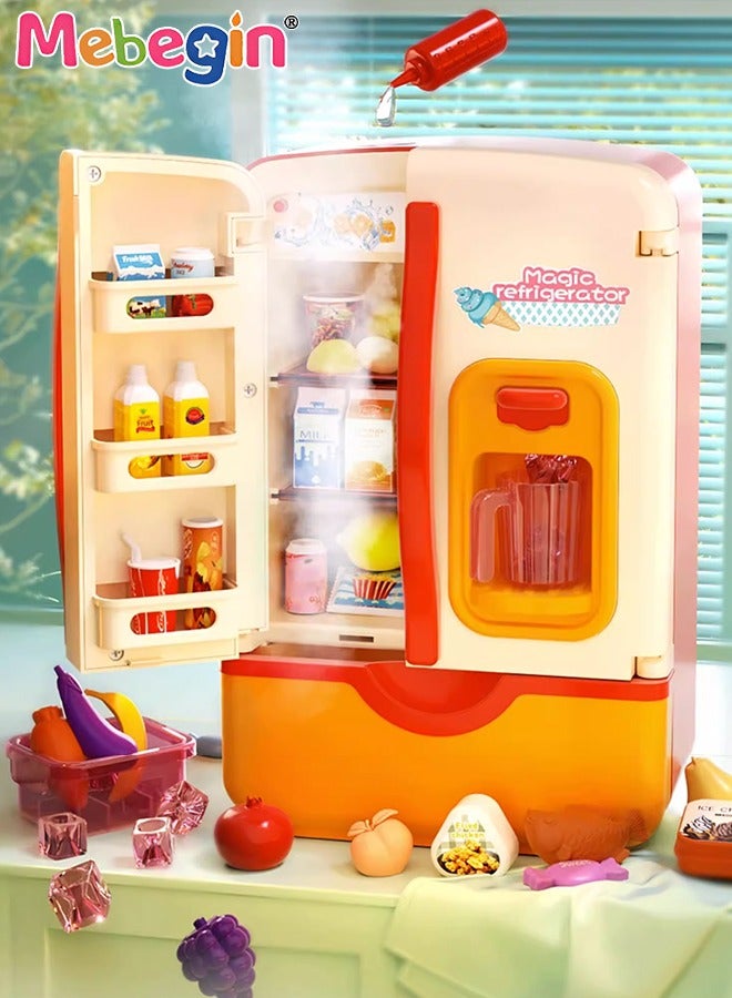 Kitchen Toys Fridge Refrigerator with Ice Dispenser Pretend Play Appliance for Kids, Play Kitchen Set with Kitchen Playset Accessories for Boys Girls Music and Light