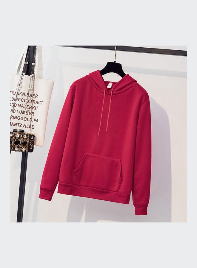 Solid Hoodie With Drawstring Red