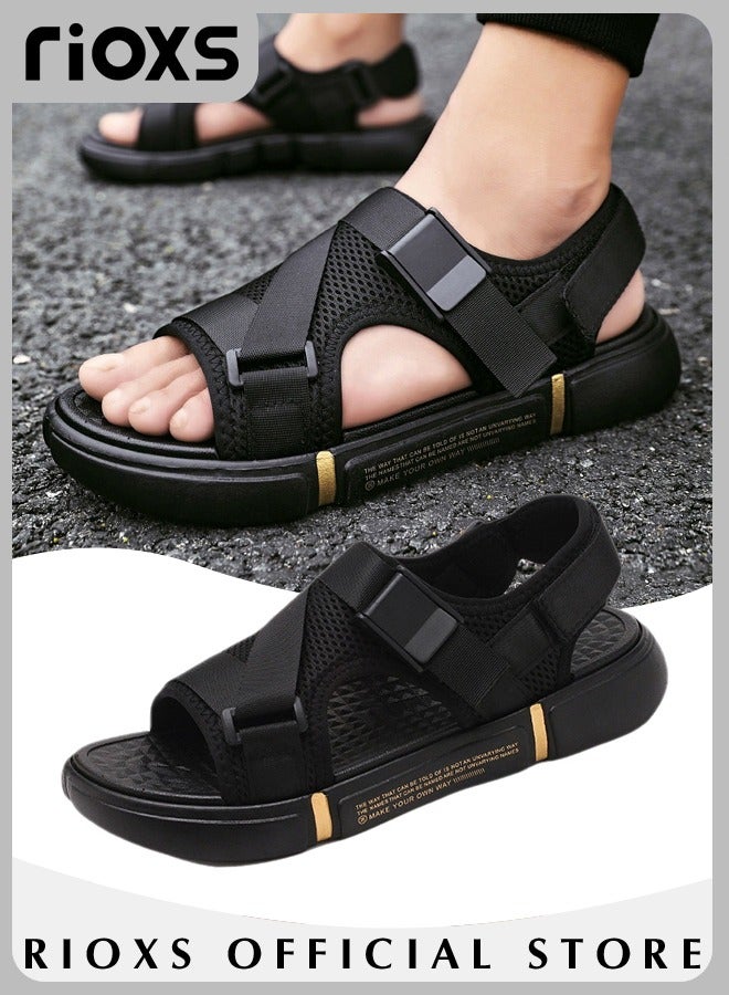 Men's Casual Open Toe Water Sandal Breathable Non-Slip Beach Sandals Sneakers Pool Slide Adjustable Flat Shoes With Back-Strap