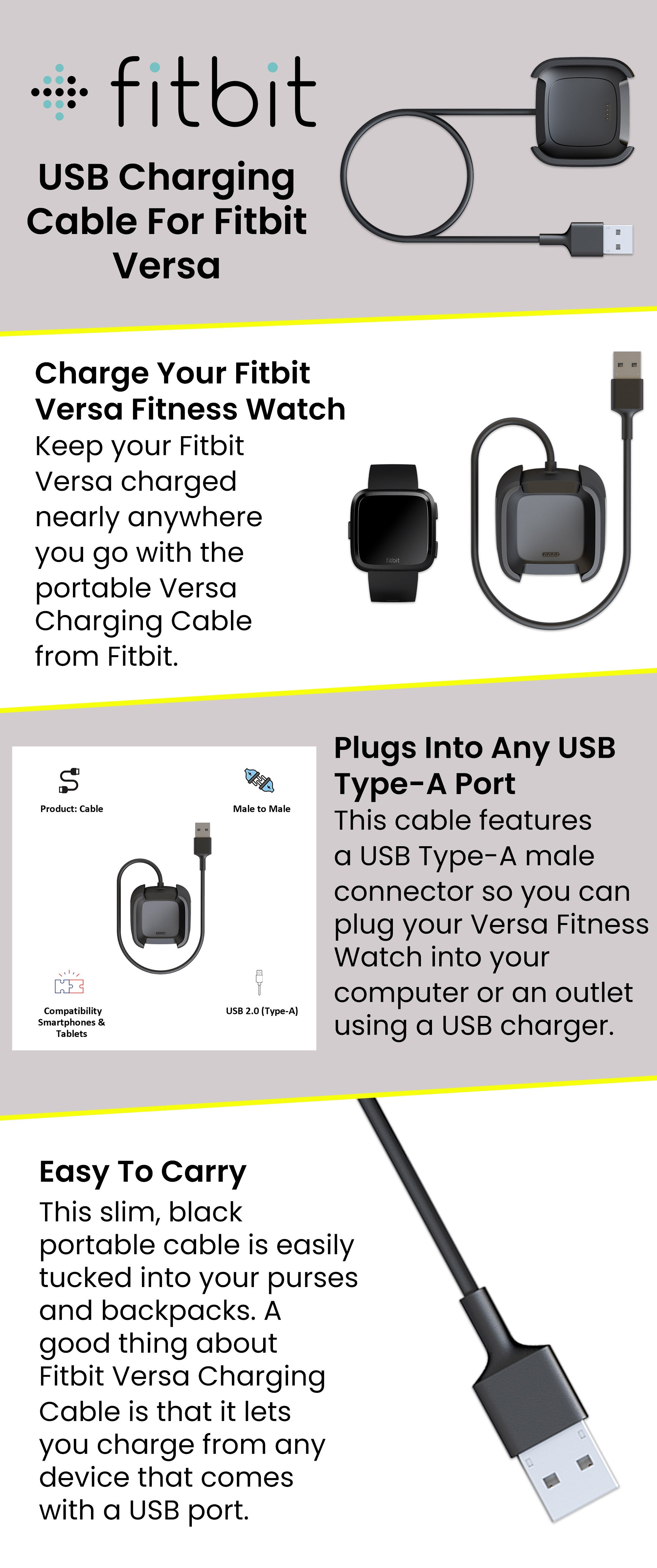 USB Charging Cable For Fitbit Versa 1.3meter Black/Silver
