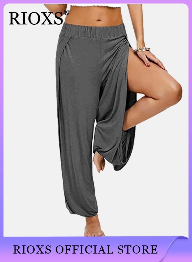 Cropped Pants Harem Bouffant Soft Loose Yoga Pilates Pants Side Split Trousers