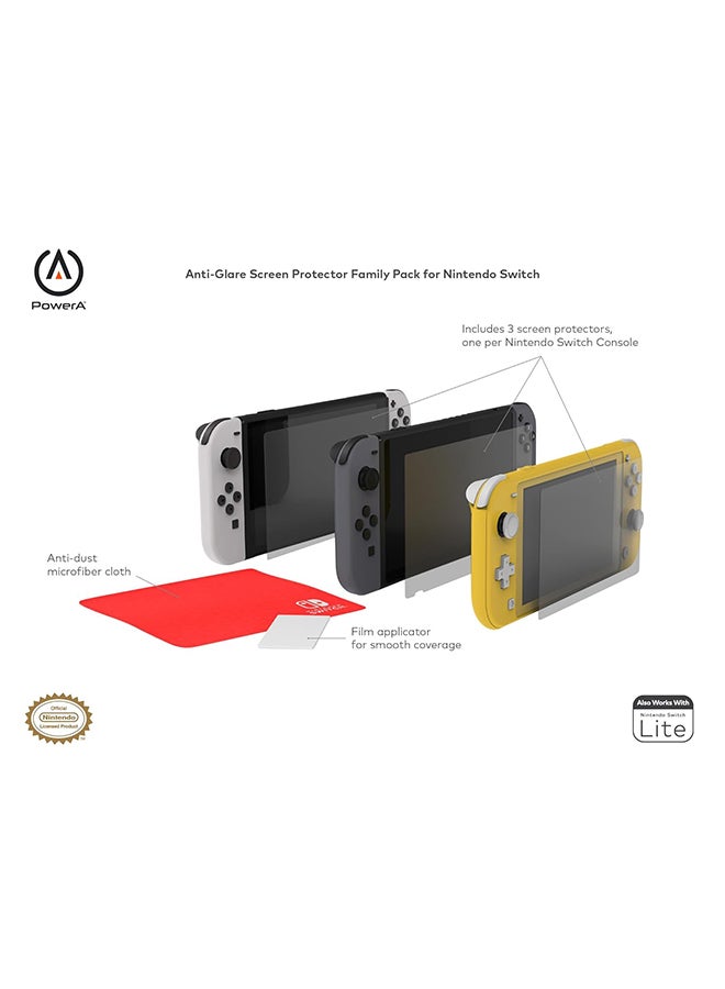 PowerA Anti-Glare Screen Protector Family Pack with 3 Screen Protectors, Anti-Dust Microfiber Cloth and Applicator for Nintendo Switch, Nintendo Switch OLED or Nintendo Switch Lite