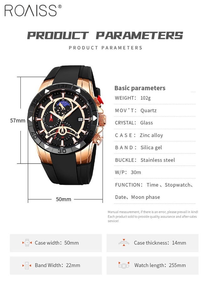 Men's Silicone Strap Quartz Watch, Analog Display Round Shape Dial Chronograph Watch with Moon Phase Function, Waterproof Casual Watch as Gift for Men