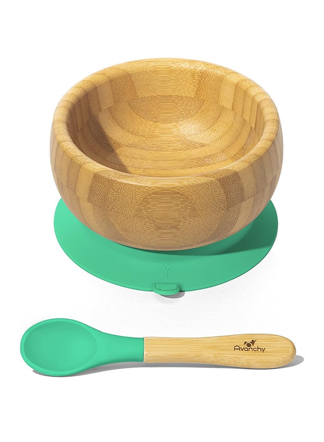 Baby Bamboo Stay Put Suction Bowl With Spoon - Brown/Green