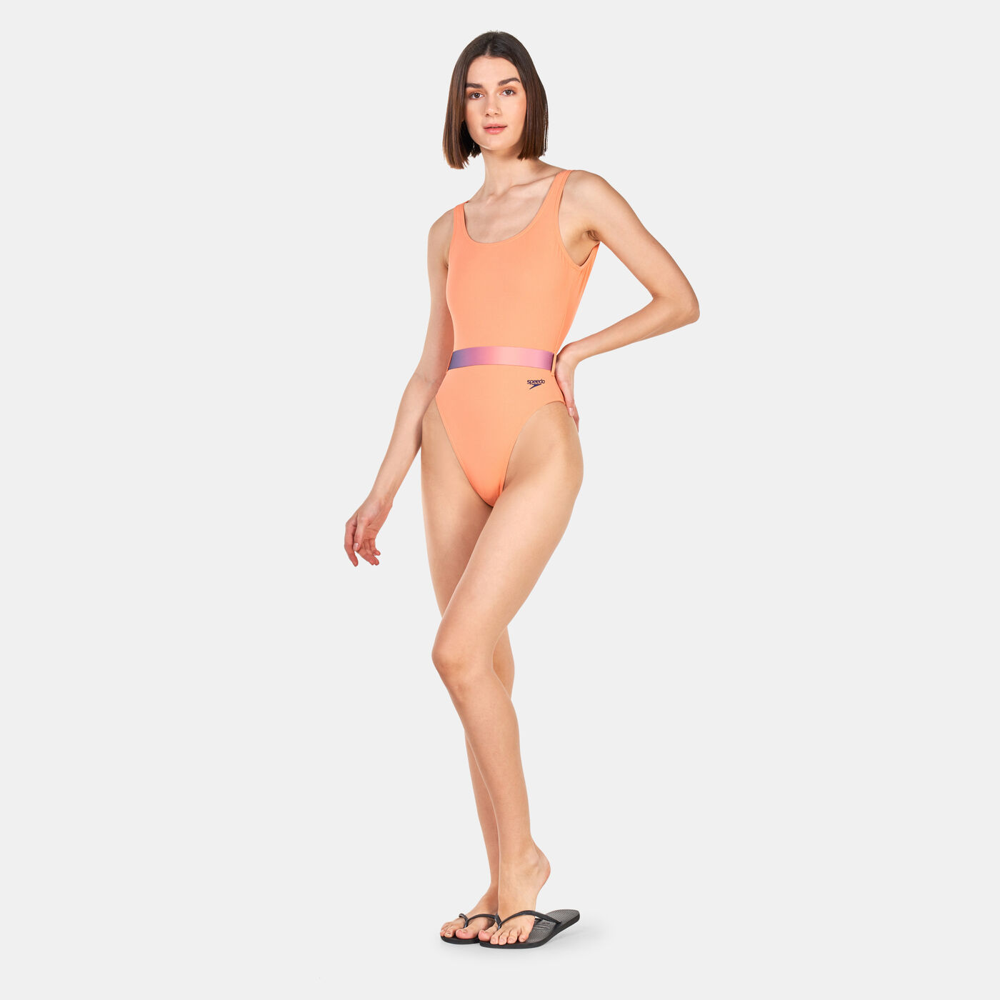 Women's Belted Deep U-Back One-Piece Swimsuit