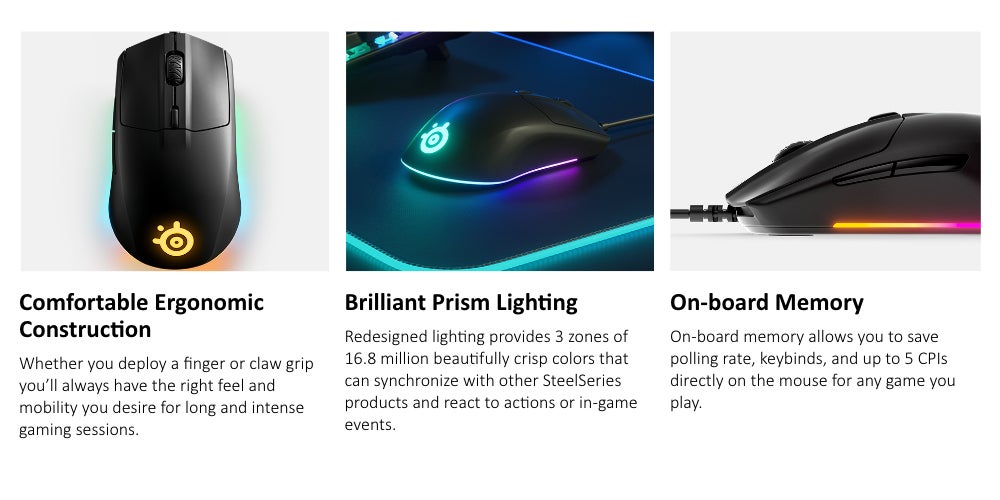 Rival 3 Gaming Mouse, 8,500 CPI TrueMove Core Optical Sensor, 6 Programmable Buttons, Split Trigger Buttons, Brilliant Prism RGB Lighting | 62513