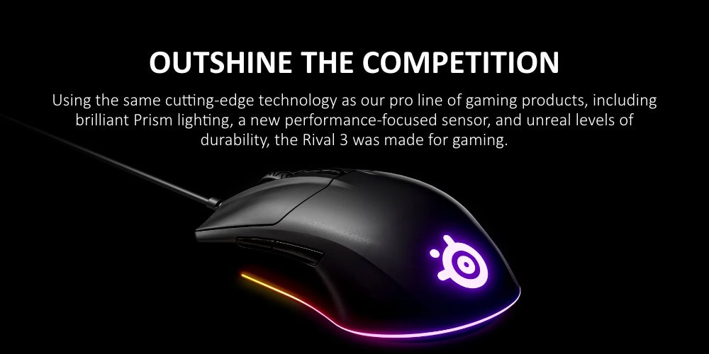 Rival 3 Gaming Mouse, 8,500 CPI TrueMove Core Optical Sensor, 6 Programmable Buttons, Split Trigger Buttons, Brilliant Prism RGB Lighting | 62513