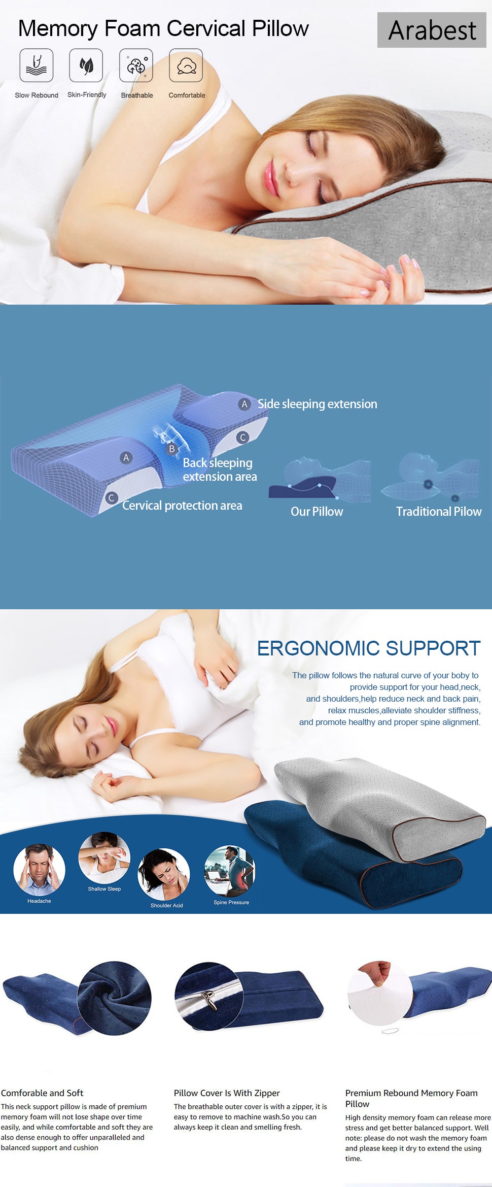 Orthopedic Cervical Neck Pillow For Pain Sufferers Polyester Blue 50x30x10cm