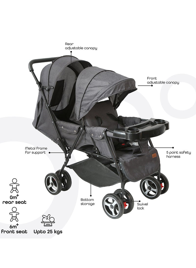 Baby Pair Twin Stroller With Five Point Safety Harness And Adjustable Footrest, Newborn Up To 3 Years - Black/Grey