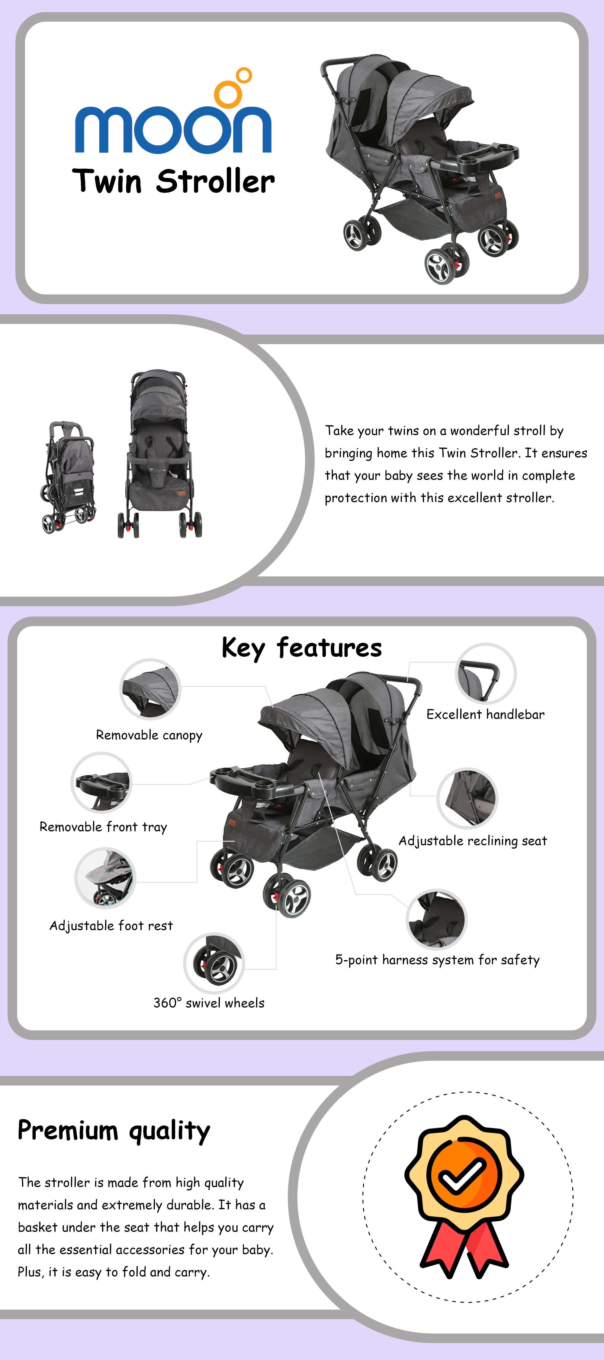 Baby Pair Twin Stroller With Five Point Safety Harness And Adjustable Footrest, Newborn Up To 3 Years - Black/Grey