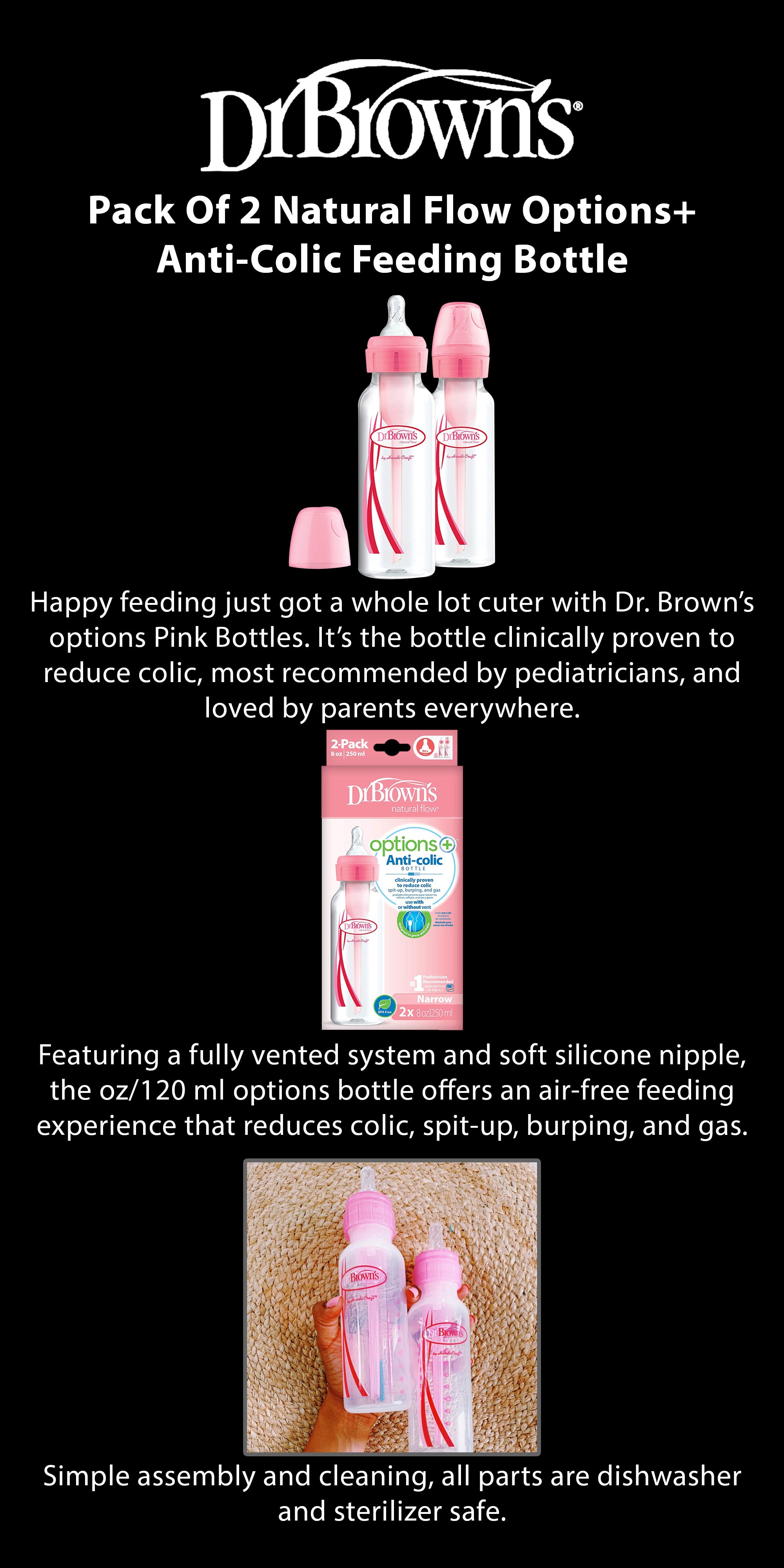 Pack Of 2 Anti-Colic P Narrow Options Plus Baby Feeding Bottle, 2 X 250 ML, Pink, Level 1 Silicone Teats, 0 Months +