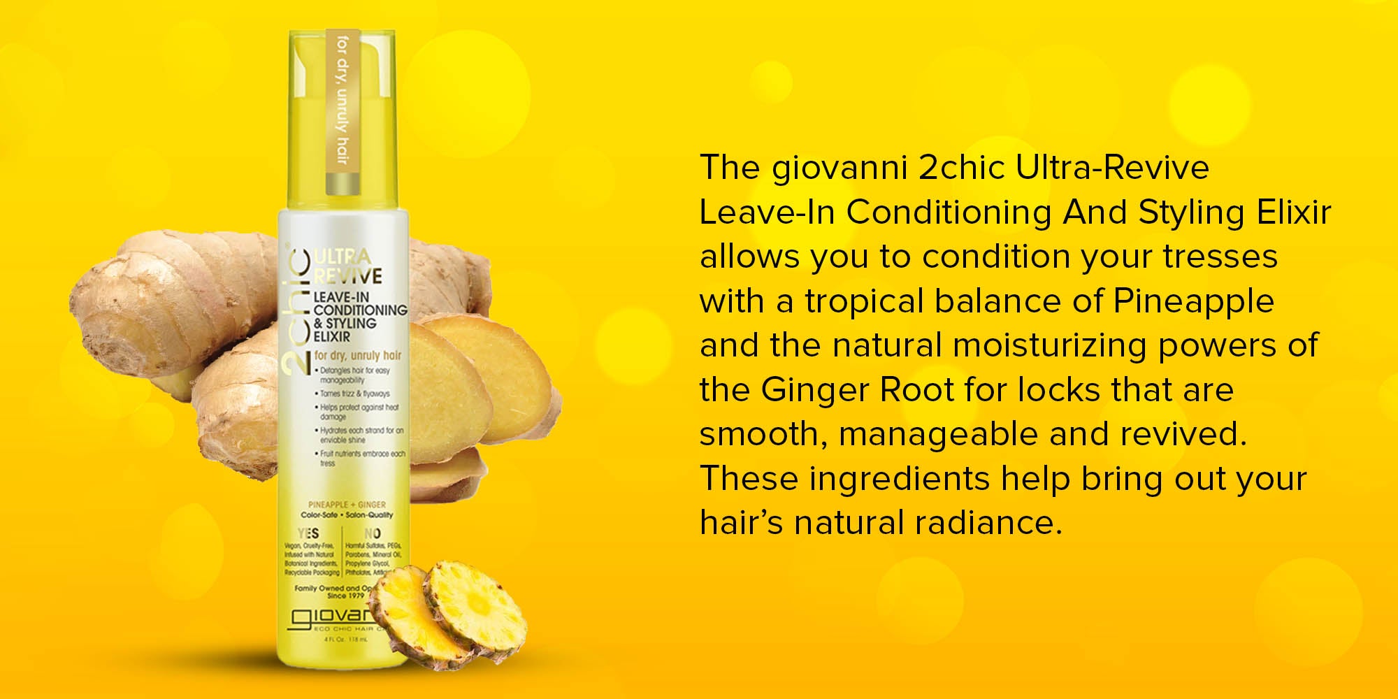 Giovanni 2Chic Ultra-Revive Leave-In Conditioning & Styling Elixir, Infused With Pineapple & Ginger 118ml