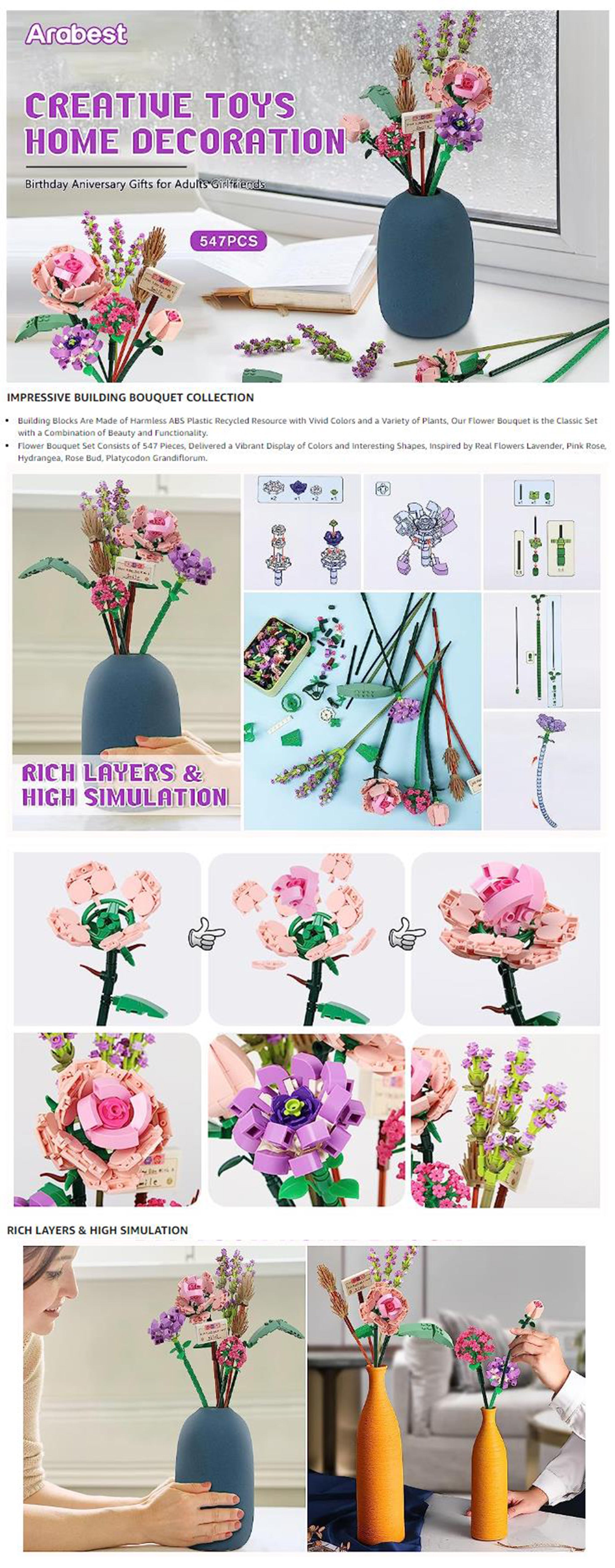 Mini Bricks Flower Bouquet Building Sets, Artificial Flowers, DIY Unique Decoration Home, 547 Pieces Botanical Collection for Ages 8-12 yrs Old Girl for Gift(547 Pieces)