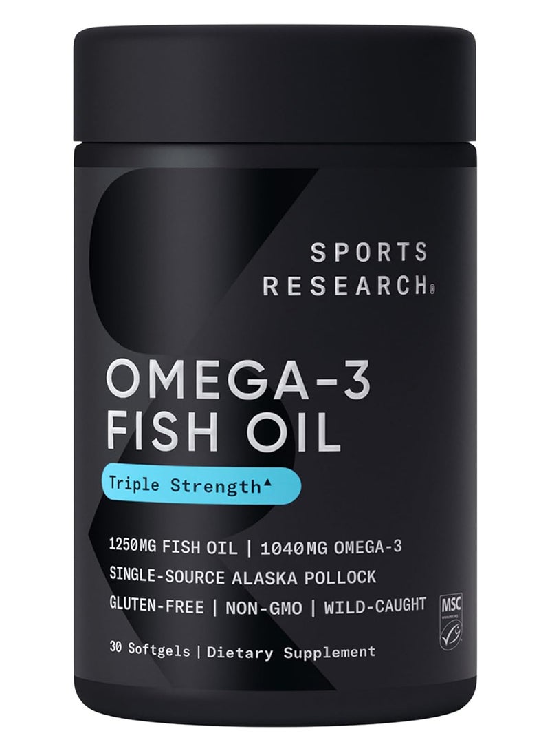 Triple Strength Omega-3 Fish Oil 1250mg Dietary Supplement - 30 Softgels