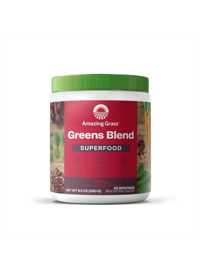 Greens Blend Superfood Powder Smoothie Mix with Organic Spirulina, Chlorella, Beet Root, Digestive Enzymes, Prebiotics And Probiotics, Berry - 30 Servings