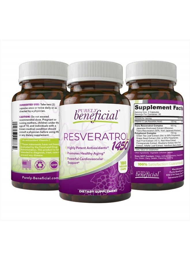 RESVERATROL1450-90day Supply, 1450mg per Serving of Potent Antioxidants & Trans-Resveratrol, Promotes Anti-Aging, Cardiovascular Support, Maximum Benefits (1bottle)