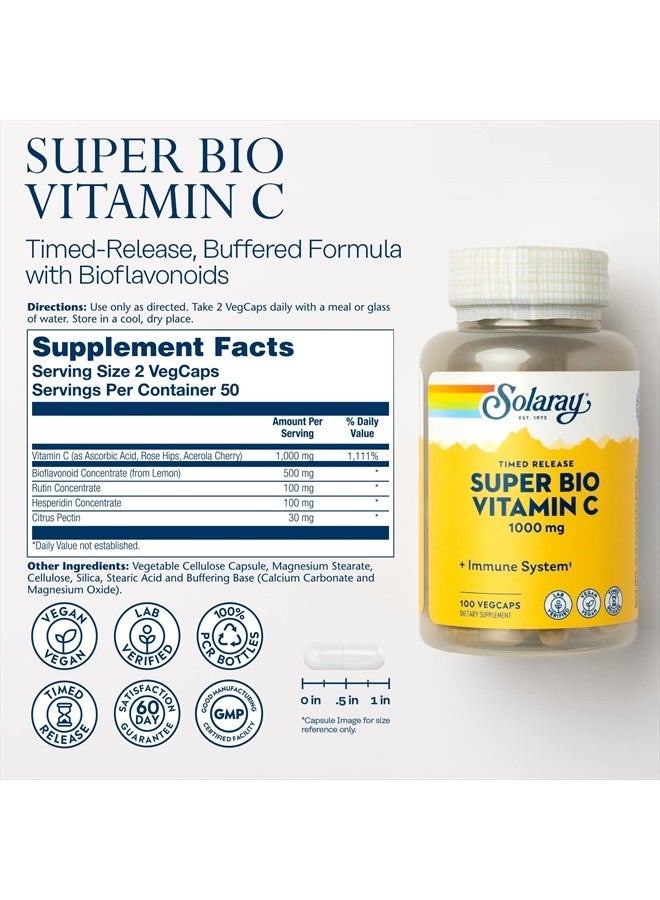 Super Bio C Buffered Vitamin C w/Bioflavonoids, Timed-Release Formula for All-Day Immune Support, Gentle Digestion, 1000mg, 100 CT