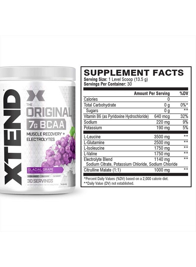 XTEND Original BCAA Powder Glacial Grape Sugar Free Post Workout Muscle Recovery Drink with Amino Acids 7g BCAAs for Men And Women - 30 Servings