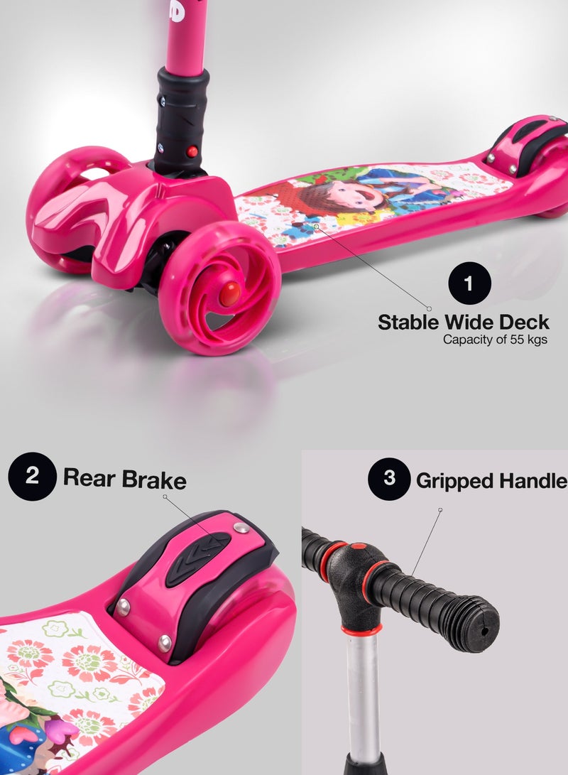 Baybee Flash Skate Scooter for Kids 3 Wheel Kids Scooter with Foldable 4 Height Adjustable Handle Baby Scooter with LED Wheels Smart Kick Scooter for Baby Scooter for Kids 3 to 10 Years Boy Girl Pink