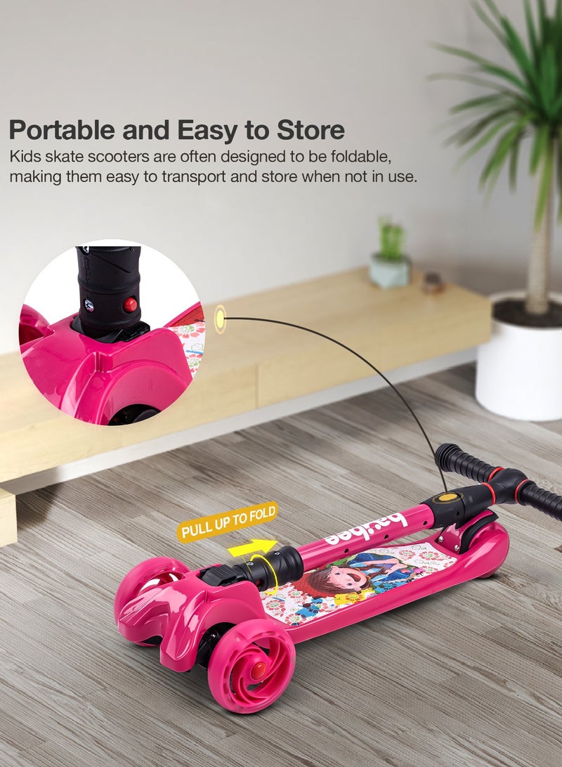 Baybee Flash Skate Scooter for Kids 3 Wheel Kids Scooter with Foldable 4 Height Adjustable Handle Baby Scooter with LED Wheels Smart Kick Scooter for Baby Scooter for Kids 3 to 10 Years Boy Girl Pink