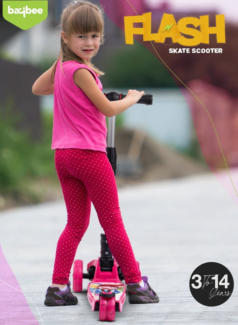 Baybee Flash Skate Scooter for Kids 3 Wheel Kids Scooter with Foldable 4 Height Adjustable Handle Baby Scooter with LED Wheels Smart Kick Scooter for Baby Scooter for Kids 3 to 10 Years Boy Girl Pink