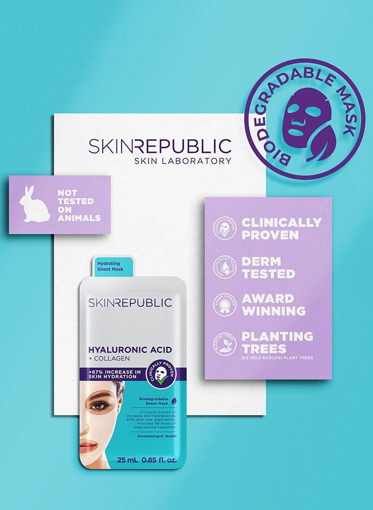 Hyaluronic Acid & Collagen Face Mask Sheet (10 Masks) with Vitamin E – Boosts Hydration, Improves Firmness & Elasticity, Reduces Fine Lines & Wrinkles, Brightens & Repairs Skin