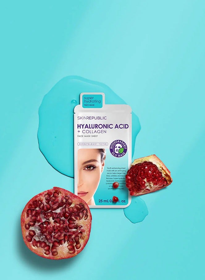 Hyaluronic Acid & Collagen Face Mask Sheet (10 Masks) with Vitamin E – Boosts Hydration, Improves Firmness & Elasticity, Reduces Fine Lines & Wrinkles, Brightens & Repairs Skin