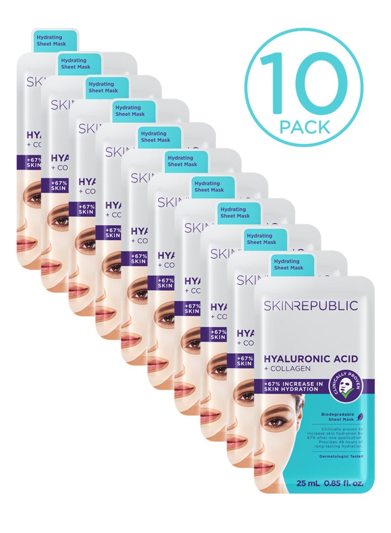 Hyaluronic Acid & Collagen Face Mask Sheet (10 Masks) with Vitamin E – Boosts Hydration, Improves Firmness & Elasticity, Reduces Fine Lines & Wrinkles, Brightens & Repairs Skin