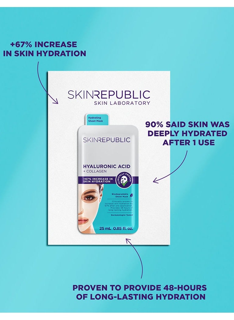 Hyaluronic Acid & Collagen Face Mask Sheet (10 Masks) with Vitamin E – Boosts Hydration, Improves Firmness & Elasticity, Reduces Fine Lines & Wrinkles, Brightens & Repairs Skin