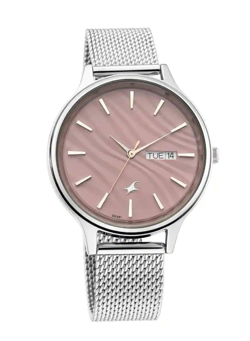 Fastrack Ruffles Quartz Analog with Day and Date Pink Dial Stainless Steel Strap Watch for Girls